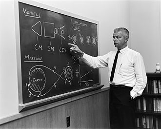 John Houbolt explains Lunar orbit rendezvous on a Blackboard
