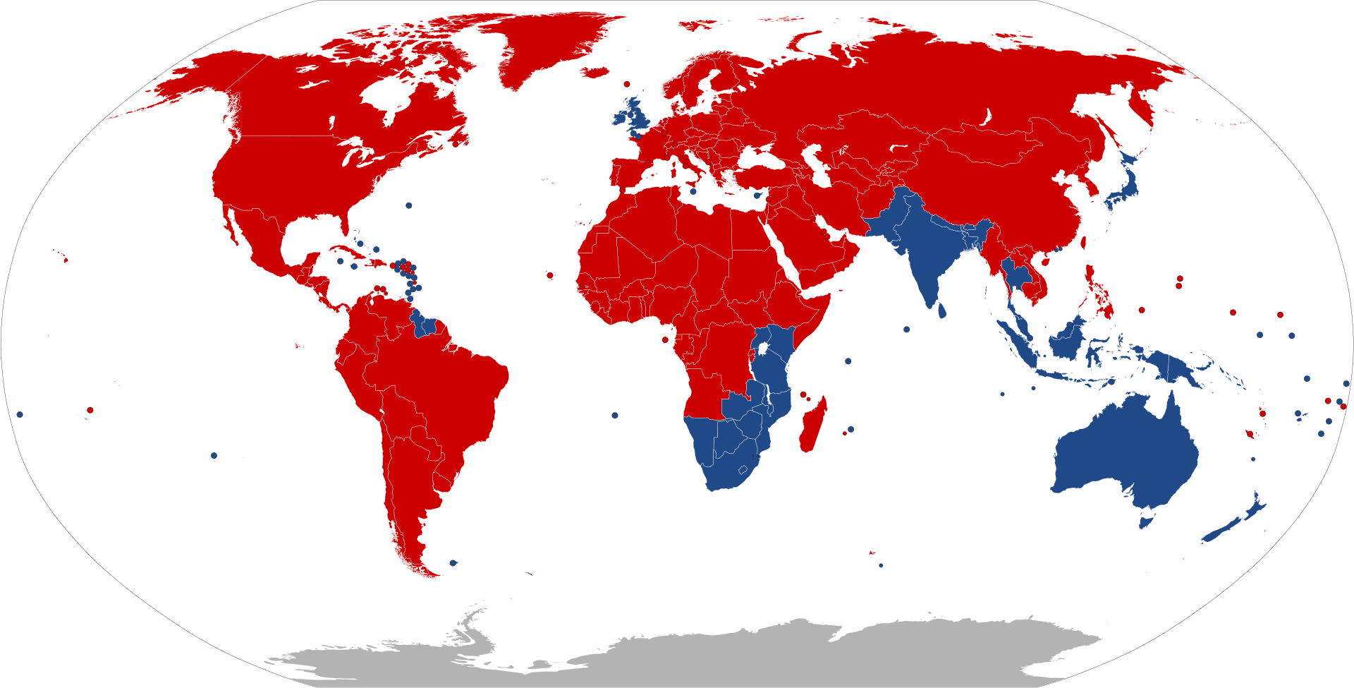 A map indicating which countries drive on the right side of the road, and which drive on the left side.